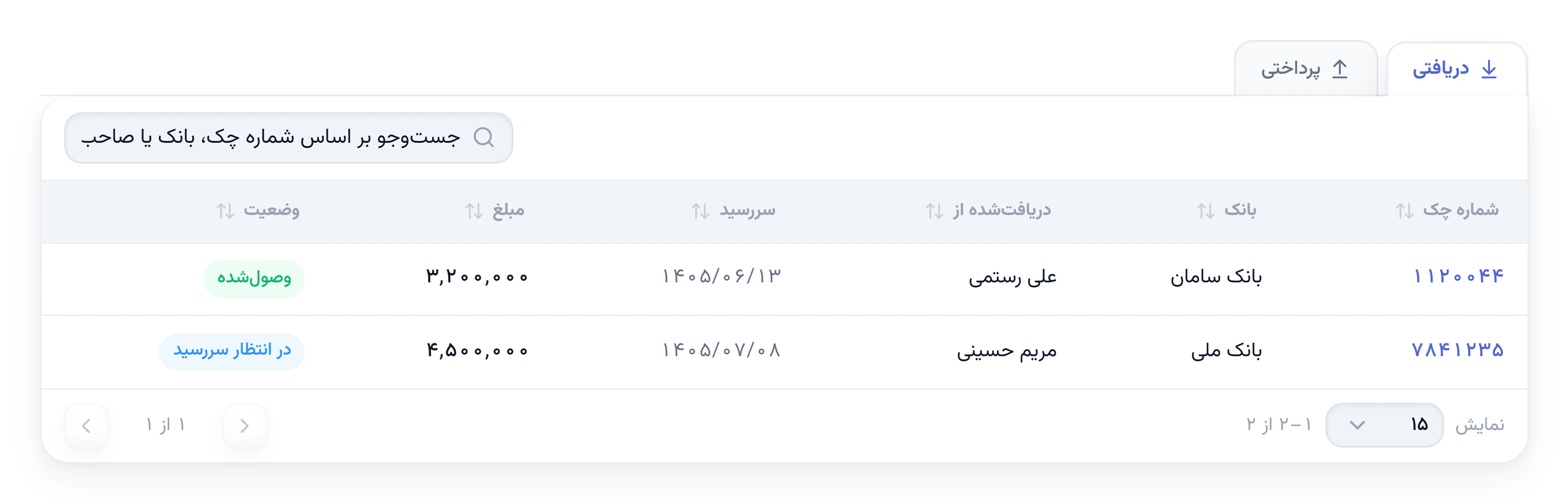 لیست چکهای دریافتی با وضعیتهای مختلف